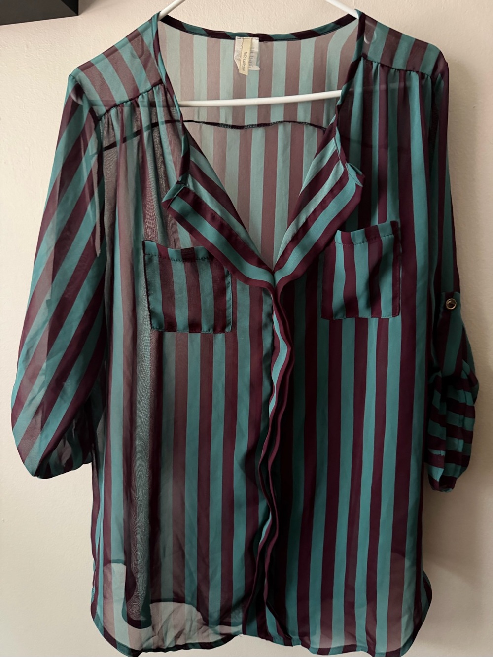 Striped Button-Front Sheer Blouse - Teal & Burgundy